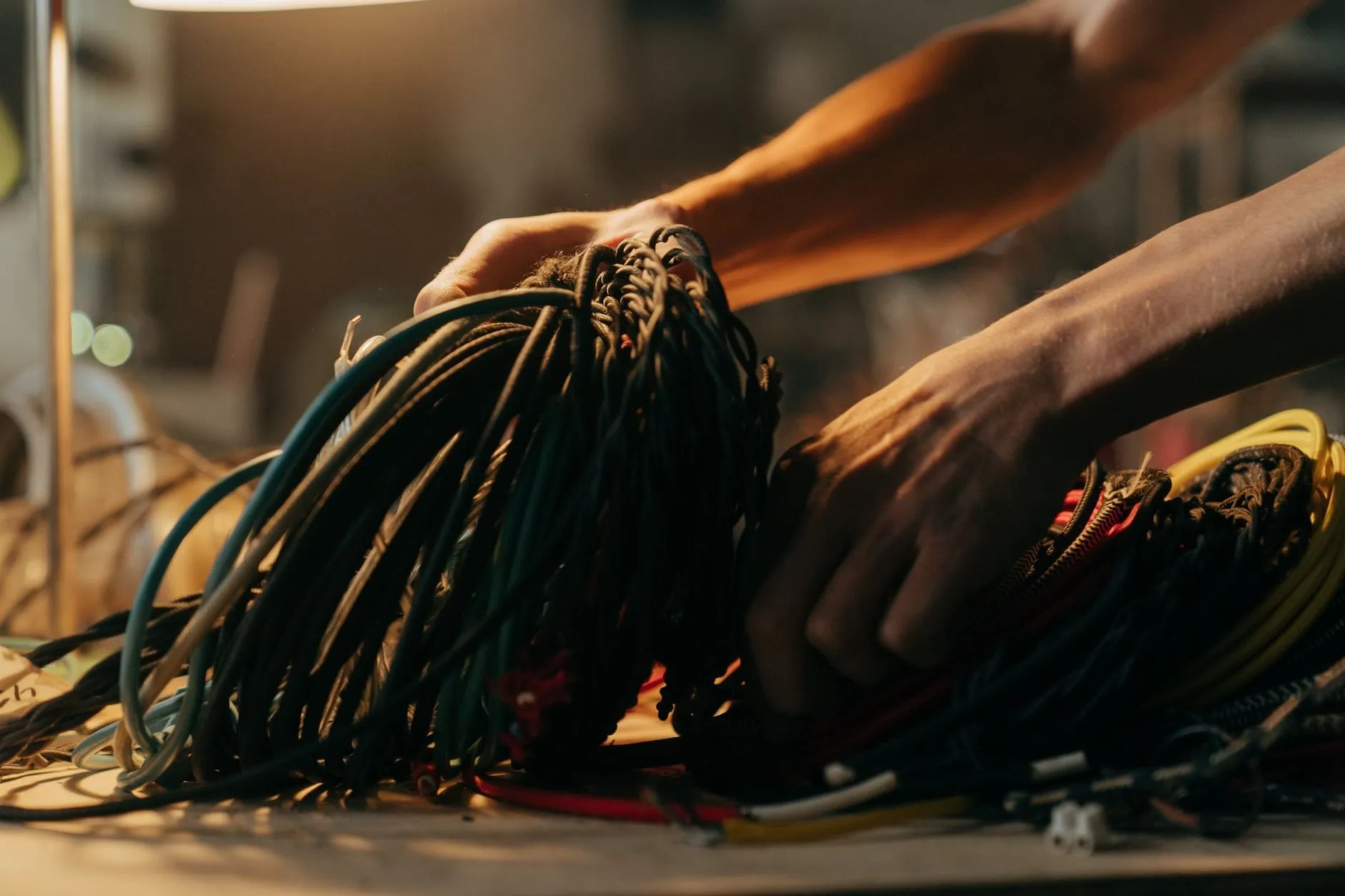 An electrician's hands sorting a bundle of cable on a workbench