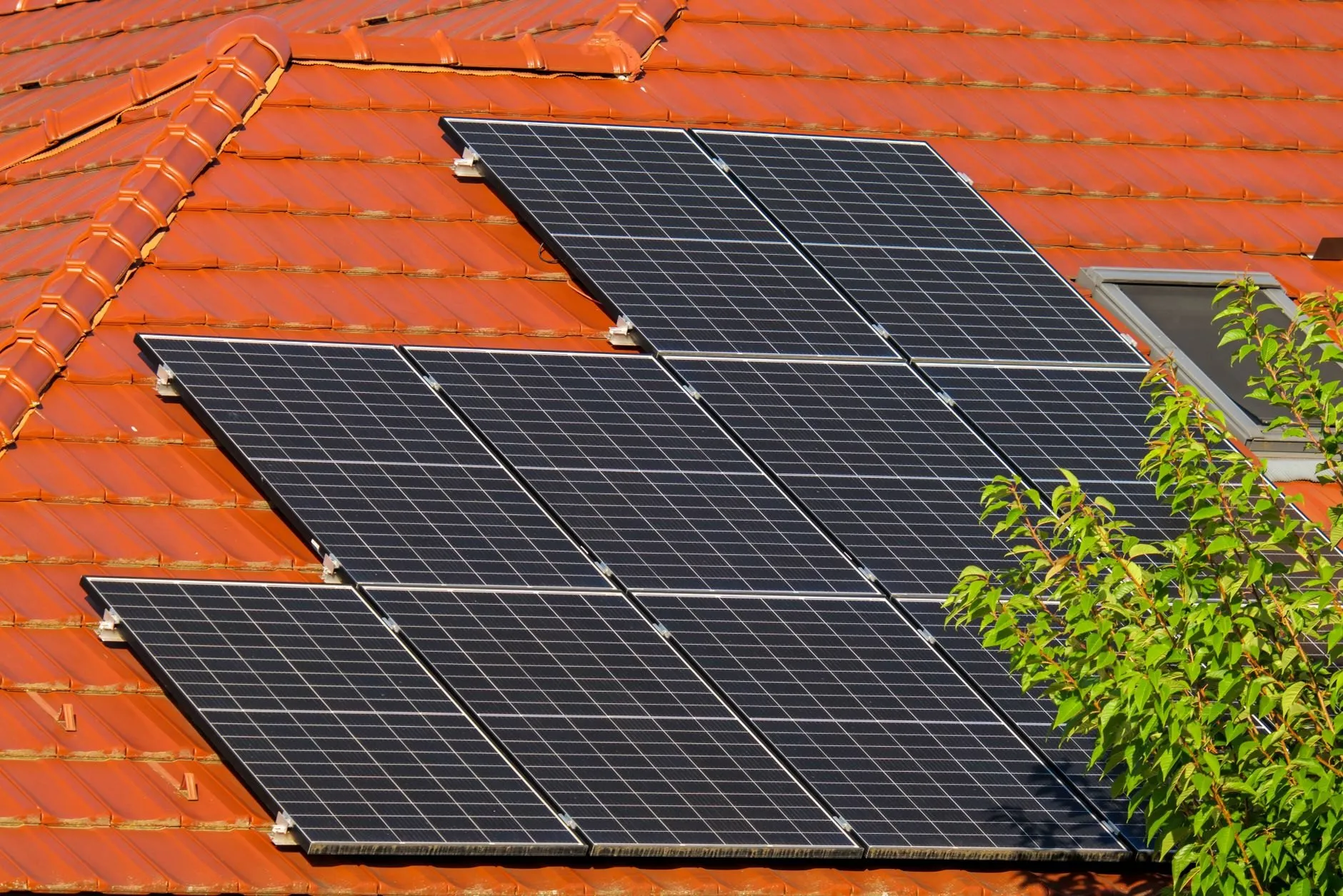 Rows of black solar panels on an orange clay-tiled roof beside a tree